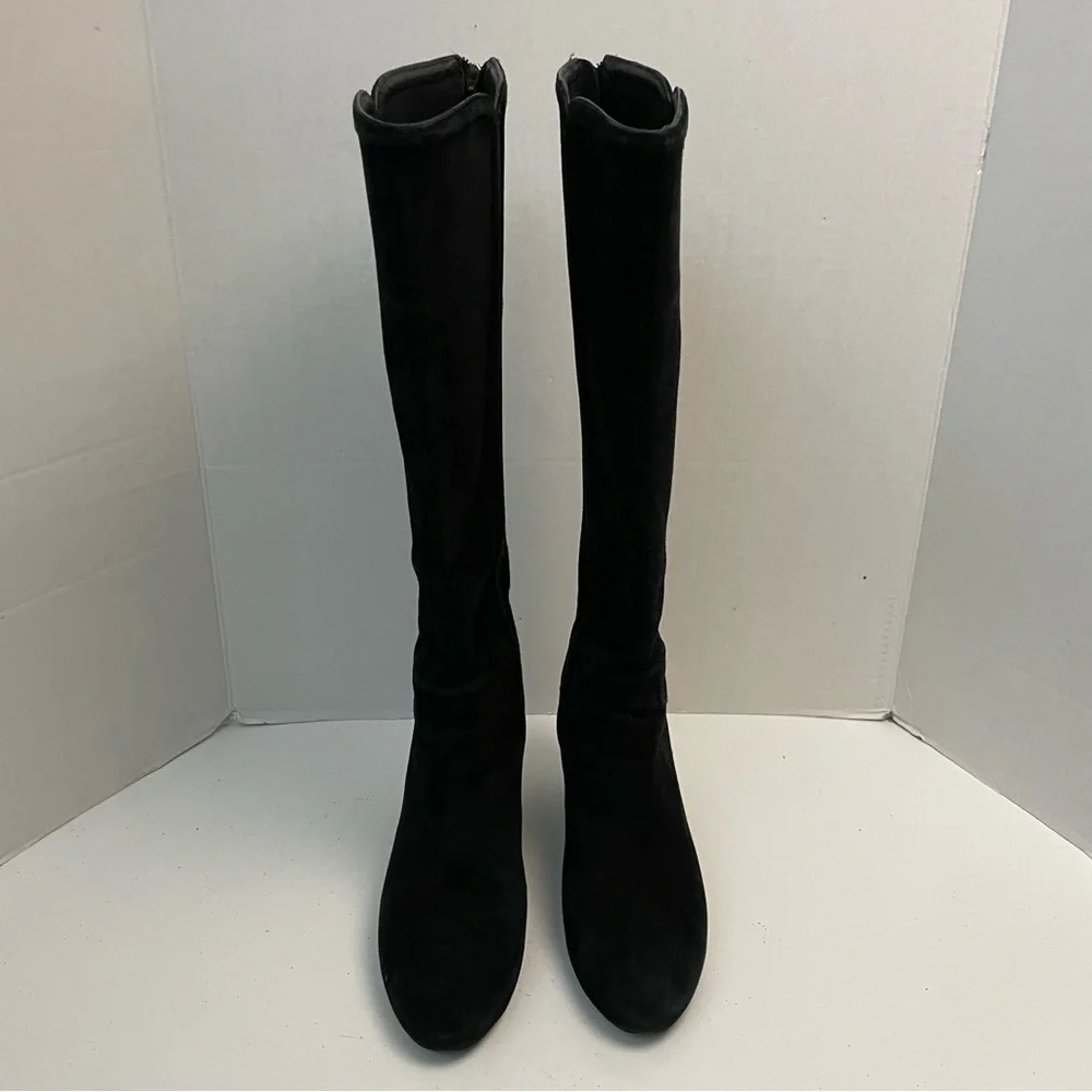 Tory Burch Boots Irene Wedge Tall Softy Suede Leather Logo Black